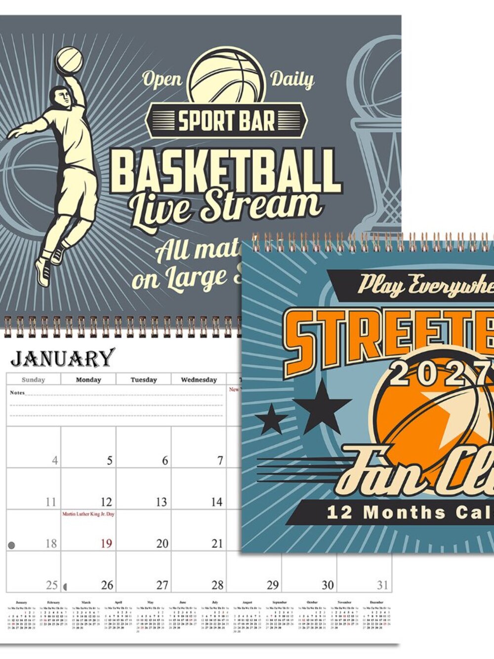 2027 Spiral-bound Wall Calendar (Basketball) - 12 Months Desktop (11x17)